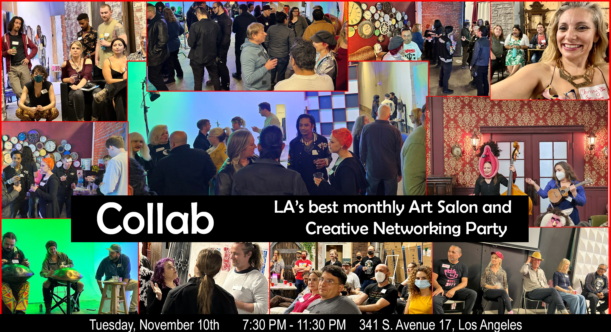 Art salon and networking event collage